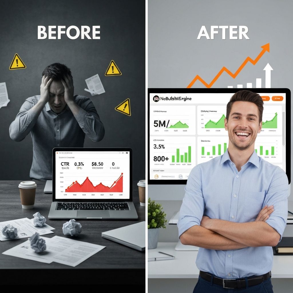 Before: Stressed failing campaign vs After: Successful 5M/day campaign with NoBullshitEngine